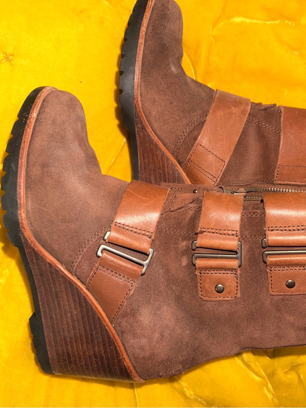 Sorel Brown Suede Wedge Mid-Calf Buckle Boots